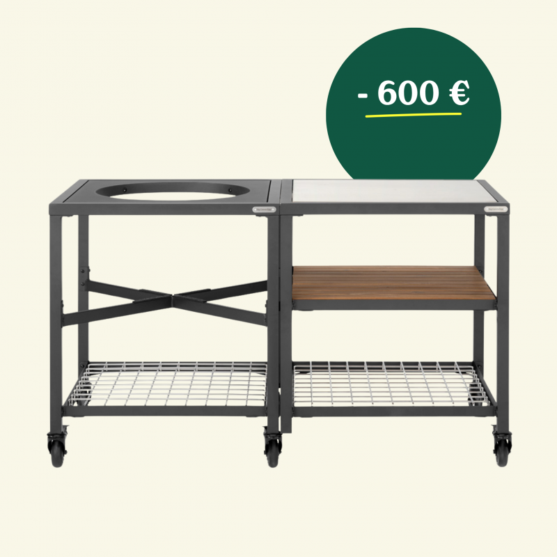 Big Green Egg Ensemble Mobilier LARGE DELUXE - table modulaire + meuble extension (1 plateau inox + 1 plateau acacia + 1 plateau grille)
